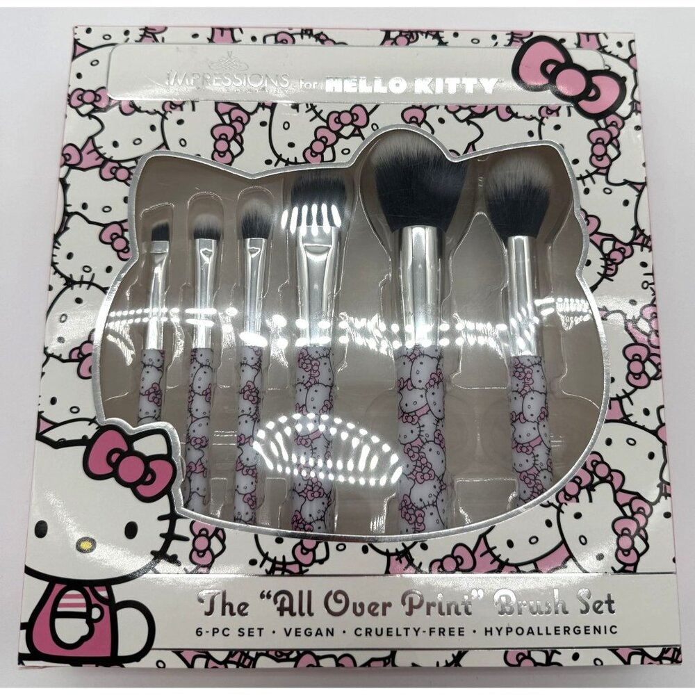 Impressions Hello Kitty 6-Piece "All Over Print" Brush Set Vegan Cruelty-Free Hy